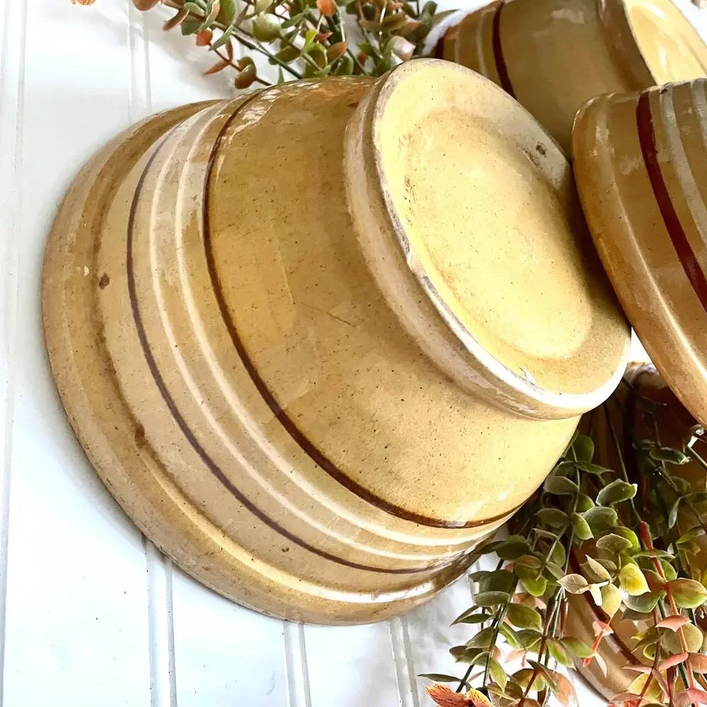 Antique 1930s Yellowware Stoneware Nesting Mixing Bowl White Brown Stripe Set x4
